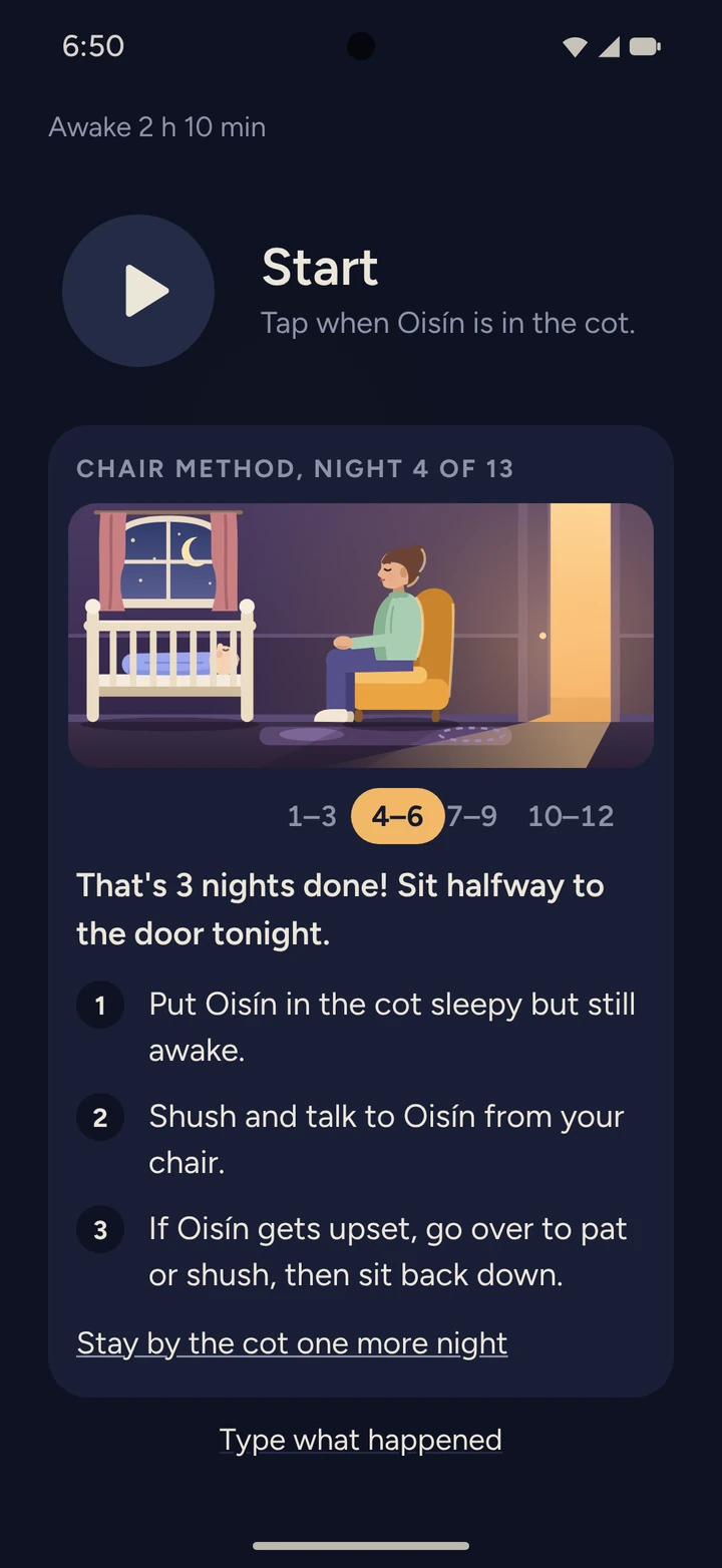 Bedtime on night 4 of the chair method: Start to tap when Oisín is in the cot, a picture of a parent in a chair halfway between the cot and the door, and three steps for tonight.