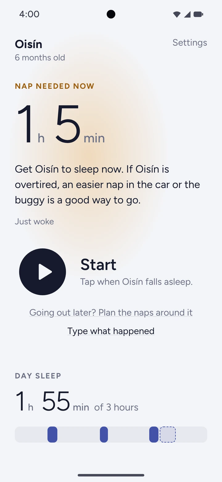 Nap needed now at 4pm: Oisín needs 1 hour 5 minutes more sleep, and if Oisín is overtired, an easier nap in the car or the buggy is a good way to go.