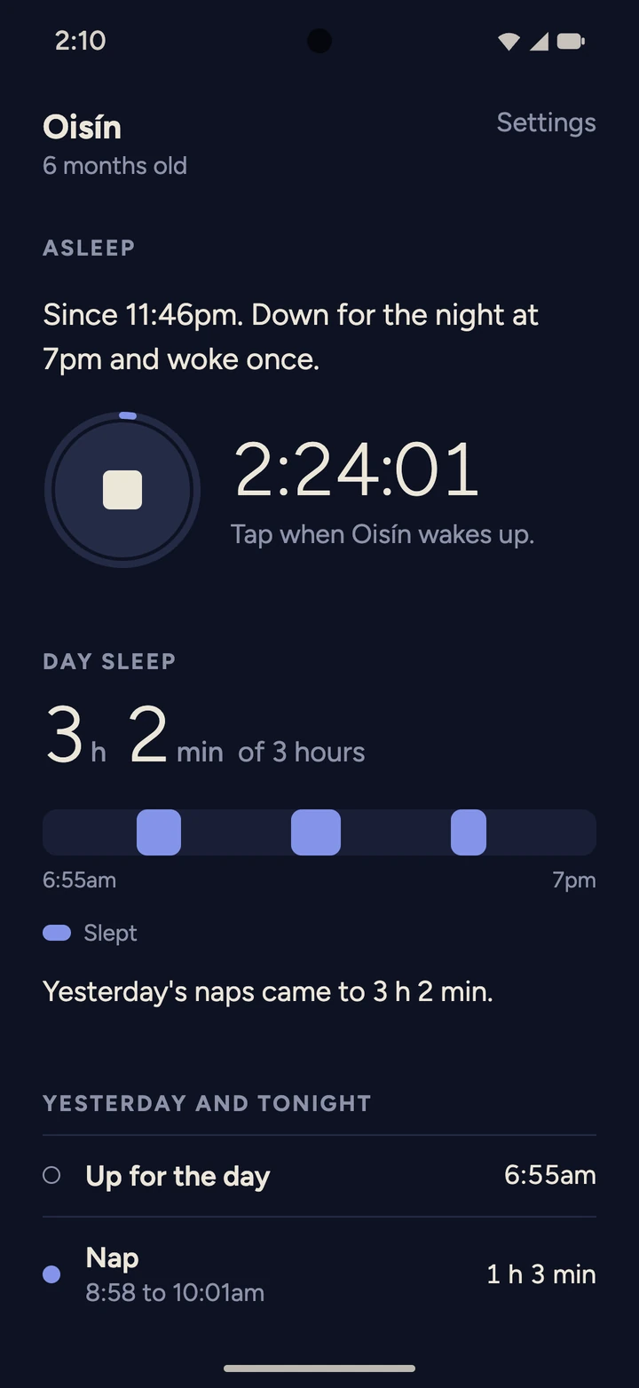 The night screen: asleep since 11:46pm, down for the night at 7pm and woke once.